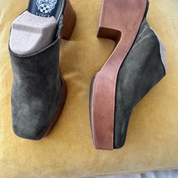 Vince Camuto Shoes - Vince Camuto Olive Suede Platform Mules with a Brown Heel